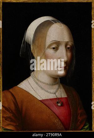 Portrait d'une jeune femme, 15e siècle, Benedetto Ghirlandaio, italien, (Florence), 1458 - 1497, 16 13/16 x 11 3/4 po (42,7 x 29,85 cm) (vue)17 3/8 x 12 3/8 x 1/4 po (44,13 x 31,43 x 0,64 cm) (panneau), huile sur panneau (non testé), Italie, 15e siècle, ce portrait d'une dame blonde prima est un mystère. Il semble italien, mais le gardien possède quelques qualités nord-européennes. La coiffe, bien que dépourvue d'un grand cône, est inspirée des modes nordiques, et le bijou est probablement flamand, bien qu'il soit porté - suspendu à un collier de perles - de manière florentine. Banque D'Images