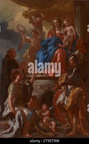 Madone des Martyrs, c. 1705, Francesco Solimena, italien, (Naples), 1657 - 1747, 29 1/2 x 19 1/2 po (74,93 x 49,53 cm) (toile), huile sur toile, Italie, 18e siècle, ce tableau est une étude pour un retable beaucoup plus grand dans la chapelle de Santa Lucia dans l'église de San Pietro Martire à Naples. La Vierge à l'enfant, sur une plate-forme surélevée, donnent une audience à trois martyrs chrétiens. Saints Jean (en bas à gauche) et Paul (portant une armure), frères servant dans l'armée romaine, ont été tués en 363 EC par l'empereur connu sous le nom de Julien l'apostat. Saint Pierre Martyr (1206-52), debout dans l'ombre Banque D'Images