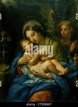 Madonna and Child, 1711, attribué à Carlo Maratti, italien, (romain), 1625 - 1713, 38 1/2 x 29 3/4 po. (97,79 x 75,57 cm) (toile)50 1/4 x 41 1/4 x 4 po (127,64 x 104,78 x 10,16 cm) (cadre extérieur), huile sur toile, Italie, 18e siècle, Carlo Maratti, peintre prééminent de Rome à la fin du 17e siècle, était surnommé Carluccio delle Madonne, ou petit Carlo des Madonnes. Il a produit une variété infinie d'œuvres illustrant une vision idéalisée et réconfortante de la Vierge à l'enfant. Banque D'Images