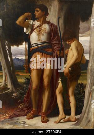 Jonathan Token to David, c. 1868, Frederic Leighton, 1e baron Leighton de Stretton, britannique, 1830 - 1896, 67 1/2 x 49 po. (171,45 x 124,46 cm) (toile), huile sur toile, Angleterre, 19e siècle, ce tableau illustre une scène de l'ancien Testament. Après que le prophète Samuel ait oint David comme successeur du roi Saul, Saul est devenu jaloux et a comploté la mort de David. Ici, l'artiste montre le fidèle ami de David Jonathan (le fils de Saul) se préparant à tirer trois flèches comme avertissement à David qui se cache dans un champ Banque D'Images