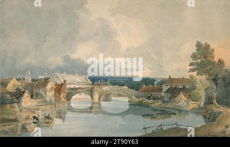 Morpeth Bridge, c. 1796, Thomas Girtin, Britannique, 1775 - 1802, 12 3/8 x 20 5/8 po (31,43 x 52,39 cm) (feuille), Aquarelle sur graphite, Angleterre, 18e-19e siècle, Construit dans les années 1200, le pont de Morpeth était le point de passage de la rivière Wansbeck, donc un atout stratégiquement important sur la route principale entre Newcastle et Édimbourg. La vue est prise en regardant vers l'aval vers l'est. Les culées nord et sud et la jetée centrale survivent encore, mais en 1835, les arches ont été détruites quand un plus grand pont a été construit à un jet de pierre plus en aval. Au-delà de l'extrémité nord (gauche) du pont Banque D'Images