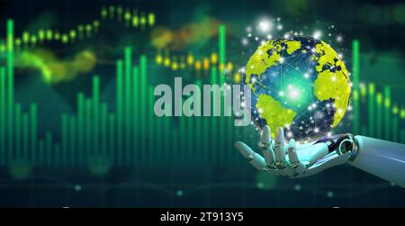 Main de robot ai tenant globe sur les données financières du marché boursier. Espace de copie. World Financial avec le concept d'intelligence artificielle. Banque D'Images