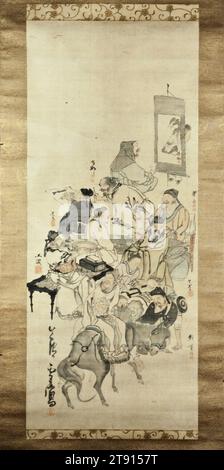 Rassemblement des artistes, c. 1790, Kawamura Bunpō ; artiste : Ganku ; artiste : Matsumura Goshun; artiste : Matsumura Keibun ; artiste : Nagasawa Rosetsu ; artiste : Shibata Gitō ; artiste : Utagawa Toyohiro ; artiste : Yamaguchi Soken, japonais, 1779 - 1843, 75 1/4 x 20 15/16 po (191,14 x 53,18 cm), encre et couleur sur soie, Japon, Nikuhitsu ukiyo-e, ce tableau collaboratif est un remarquable Who's Who parmi les artistes de l'école Maruyama-Shijo à la fin du XVIIIe siècle. Chaque artiste a fourni un autoportrait sous le couvert d'un érudit chinois. Ensemble, ils sont montrés admirant des objets anciens et des peintures Banque D'Images