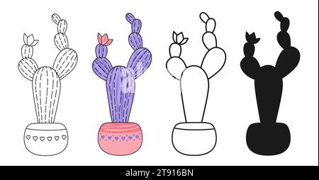 Cactus dans un ensemble de dessins animés de pot de fleurs. Plantes de maison occidentales silhouette du désert mexicain et des cactus doodle. Collection succulente texturée dessinée à la main isolée. Illustration vectorielle de plantes d'intérieur à la mode linéaire en pot Illustration de Vecteur