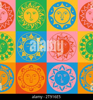 Soleil avec visage abstrait motif sans couture de dessin animé ornemental. Style ethnique Boho souriant ensoleillé visages sans limites papier peint. Drôle souriant soleils diverses émotions fond mignon. Répétez l'illustration vectorielle Illustration de Vecteur