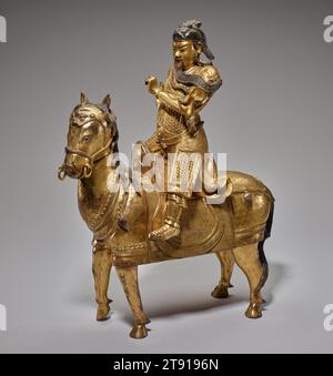 Général Guan Yu à cheval, 16e siècle, 20 1/4 x 16 1/2 x 7 3/8in. (51,4 x 41,9 x 18.7cm), bronze doré, Chine, 16e siècle Banque D'Images