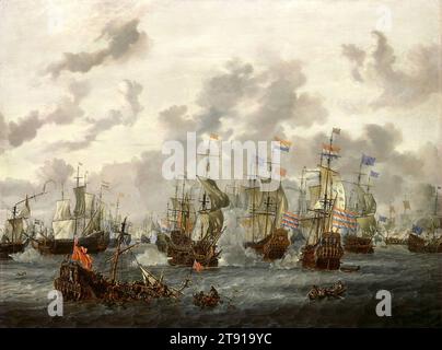 La bataille des quatre jours, 1666, Abraham Storck, Néerlandais, 1635-1710, 37 1/2 x 50 1/2 po (95,25 x 128,27 cm) (toile), huile sur toile, pays-Bas, 17e siècle, cette scène patriotique raconte la bataille des quatre jours (11 au 14 juin 1666) entre les flottes hollandaise et britannique dans la Manche. Les deux principaux navires de l'escadron hollandais, le Gouda et le Spiegel, apparaissent vers le centre de la composition. Cette bataille, l'un des nombreux engagements navals au cours des longues guerres commerciales entre ces deux pays, se termina favorablement pour les Néerlandais. La flotte britannique subit la perte de 8 000 hommes Banque D'Images