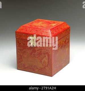 Boîte à joints, c. 1410, 8 5/8 x 7 3/4 x 7 3/4 po. (21,9 x 19,7 x 19,7 cm), laque rouge avec décoration dorée gravée (qiangjin), Chine, 15e siècle, fabriquée dans les ateliers impériaux chinois, de grands sceaux élaborés présentés dans des boîtes luxueuses figuraient parmi les cadeaux offerts à un certain nombre de dignitaires tibétains qui ont voyagé dans la capitale chinoise pour le public avec les Xuande (r. 1426-35) et Yongle (r. 1403-24) empereurs. Cette boîte de présentation est l'une des rares connues à avoir survécu jusqu'à nos jours, et a peut-être été donnée à un hiérarque tibétain au début des années 1400 Banque D'Images