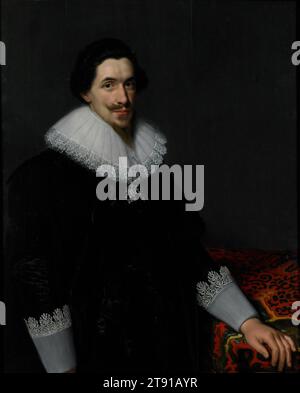 Portrait de Lucas van Voorst, 1628, Paulus Moreelse, néerlandais, 1571-1638, 39 x 31 1/2 po (99,1 x 80,0 cm), huile sur panneau, pays-Bas, 17e siècle, Lucas van Voorst (1590-1669) était orfèvre et bijoutier dans la ville néerlandaise d'Utrecht. Pourtant, Paul Moreelse, l’un des meilleurs portraitistes de l’époque, n’offre aucune indication que van Voorst soit un artisan. Au lieu de cela, il montre l'homme comme un citoyen prospère, habillé à la mode, sa table recouverte d'un tapis persan exotique et vraisemblablement coûteux. Une chronique familiale décrit Lucas comme « un homme aimable, non vindicatif, affectueux et aimé Banque D'Images