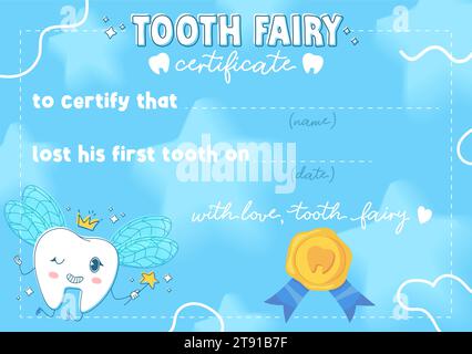 Certificat de fée mignon Tooth. Dent pétillante avec des ailes, couronne et baguette magique sur fond bleu avec des étoiles, et tampon de cire. Peut être utilisé pour les sapins enfants Illustration de Vecteur
