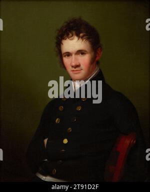 Portrait du commandant Lewis Warrington, 1801-02, Rembrandt Peale, américain, 1778 - 1860, 37 1/2 x 32 1/2 x 3 1/4 po (95,25 x 82,55 x 8,26 cm) (cadre extérieur)25 1/4 x 30 po (64,14 x 76,2 cm) (toile), huile sur toile, États-Unis, 19e siècle, Lewis Warrington entre dans la marine américaine en tant qu'aspirant de marine en 1800 et monte régulièrement en grade. Pour son héroïsme dans la guerre de 1812, le Congrès lui décerne une médaille. La coiffure qu'il arbore dans ce portrait était la mode du jour. Après la Révolution française, les hommes en Europe et en Amérique ont mis de côté leurs longues perruques en poudre au profit de serrures à cadrage de visage recadré Banque D'Images