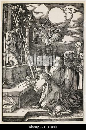 La messe de Saint Grégoire, 1511, Albrecht Dürer, allemand, 1471-1528, 11 3/4 x 8 1/8 po (29,85 x 20,64 cm) (image), gravure sur bois, Allemagne, 16e siècle, alors qu'il célébrait la messe à Rome, le pape Grégoire le Grand aurait vu le Christ miraculeusement s'élever au-dessus d'un sarcophage, accompagné de symboles de la passion. Cette légende a donné naissance à l'homme grégorien des douleurs. Soucieux du naturalisme, Albrecht Dürer pencha une petite image de dévotion contre l’autel, peut-être pour montrer au spectateur comment la contemplation peut conduire à la visualisation Banque D'Images