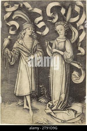 Le fauconnier et une noble dame, c. 1495-1503, Israhel van Meckenem, allemand, c. 1445-1503, 6 5/16 x 4 1/4 po (16,03 x 10,8 cm) (image), gravure, Allemagne, 15e-16e siècle Banque D'Images