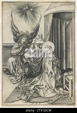 L'Annonciation, c. 1480, Martin Schongauer, allemand, c. 1440/53–1491, 6 3/8 x 4 7/16 po (16,19 x 11,27 cm) (image), gravure, Allemagne, 15e siècle, l'ange Gabriel dit à Marie, vierge, qu'elle portera le fils de Dieu, Jésus. Martin Schongauer remplit la scène tendre de délicatesse et de grâce. Comme cela était déjà devenu habituel à son époque, il montre Marie comme ayant été interrompue pendant la prière, mais sa composition exceptionnellement serrée, avec Gabriel approchant Marie par derrière, souligne l'élément de surprise. Dans une autre innovation, il a donné à Gabriel une couronne de Laurier Banque D'Images