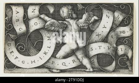 Le génie avec l'alphabet, 1542, Sebald Beham, allemand, 1500-1550, 1 11/16 x 3 1/16 po (4,29 x 7,78 cm) (image), gravure, Allemagne, 16e siècle, ces riches impressions démontrent l'aspect plus dur des gravures de Sebald Beham, comparé aux lignes plus douces des gravures de son frère Barthel. Ornement avec deux Genii chevauchant sur deux chimères a probablement été conçu comme une feuille de patron, que les artisans auraient utilisé comme modèle pour sculpter le bois ou le métal. Dans The Brilliant Genius with the Alphabet, Sebald fait allusion au concept allégorique du Genius, un esprit qui apparaît aux gens Banque D'Images