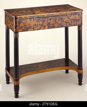 Table jetée, c. 1820, 36 5/8 x 36 5/8 x 17 5/8 po. (93,03 x 93,03 x 44,77 cm), cerisier peint, érable, peuplier, États-Unis, 19e siècle, cette table de jetée, un exemple rare du mobilier peint du Massachusetts ou de New York du début du 19e siècle, combine une forme de mobilier néoclassique simple avec une décoration de surface élaborée de style chinois or et noir. Au 18e et au début du 19e siècle, les ébénistes américains imitent la laque importée de Chine et du Japon en combinant les techniques de peinture européennes avec des dessins issus de sources asiatiques, appelés chinoiserie. Banque D'Images