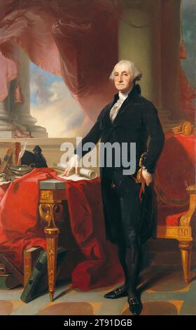 Portrait de George Washington, c. 1820, Thomas Sully, américain, 1783 - 1872, 94 x 60 po (238,76 x 152,4 cm) (toile)101 x 67 po (256,54 x 170,18 cm) (cadre extérieur), huile sur toile, États-Unis, 19e siècle, cette peinture est une copie de l'un des portraits les plus connus de George Washington par Gilbert Stuart, qui a été achevé en 1800 et qui appartenait autrefois à la New York public Library. Sully a fait de nombreuses copies des portraits du président Washington par Stuart pour les bâtiments gouvernementaux et les sociétés historiques parce que Stuart ne pouvait pas répondre à la demande étonnante pour eux Banque D'Images