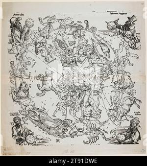 The Northern Hemisphere of the Celestial Globe, 1515 (probablement imprimé au 17e siècle), Albrecht Dürer, allemand, 1471–1528, 19 9/16 x 18 3/8 po. (49,69 x 46,67 cm) (feuille), gravure sur bois, Allemagne, 16e siècle, les célèbres cartes célestes de l'hémisphère nord et sud d'Albrecht Dürer ont été les premières cartes étoilées jamais imprimées. Les 48 constellations classiques - les douze signes du zodiaque, Orion, la Grande Ours, et ainsi de suite - qui composent le noyau de ces cartes ont été soigneusement cataloguées par Ptolémée dans son Almagest. Il y avait un certain nombre de précédents tirés de cartes célestes trouvées en arabe Banque D'Images