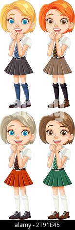 Personnages de dessin animé vectoriel de quatre filles en uniforme scolaire avec diverses coiffures Illustration de Vecteur