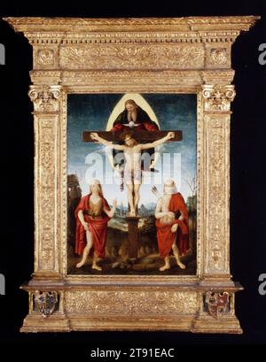 La Sainte Trinité avec Saint Jean Baptiste et Saint Sébastien, début du 16e siècle, à la manière de Timoteo Viti, italien (Ombrie), italien (Ombrie), 1467 - 1523, 15 1/2 x 11 1/2 x 1/2 po. (39,37 x 29,21 x 1,27 cm) (panneau)25 1/2 x 20 3/8 x 4 1/2 po (64,77 x 51,75 x 11,43 cm) (cadre extérieur), Tempera sur panneau, Italie, 16e siècle Banque D'Images