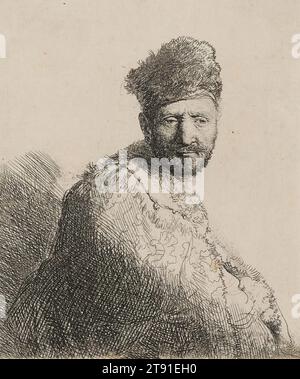 Barbared Man in Furred Oriental Cap and Robe : Half-Length, 1631, Rembrandt Harmensz. Van Rijn, néerlandais, 1606–1669, 5 1/16 x 4 5/16 po. (12,9 x 11 cm) (feuille), gravure, pays-Bas, 17e siècle, comme d'autres artistes de son temps, Rembrandt utilisait de vrais modèles pour réaliser des portraits imaginaires. Ce modèle réapparaît dans de nombreuses gravures et peintures de Rembrandt et d'autres artistes de son cercle Banque D'Images