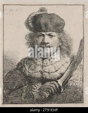 Rembrandt avec Sabre relevé, 1634, Rembrandt Harmensz. Van Rijn, néerlandais, 1606–1669, 4 7/8 x 4 po. (12,4 x 10,2 cm) (assiette), gravure, pays-Bas, 17e siècle Banque D'Images