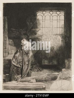 Faust (le chercheur dans son étude), c. 1652, Rembrandt Harmensz. Van Rijn, néerlandais, 1606–1669, 8 1/16 x 6 5/16 po. (20,5 x 16,1 cm) (feuille), Etching, Drypoint, et burin, pays-Bas, 17e siècle, la relation étroite entre l'astronome de Vermeer et la célèbre gravure de Rembrandt Faust a été largement reconnue. Vermeer s'est clairement inspiré de l'œuvre de Rembrandt, qui montre un érudit seul dans sa bibliothèque ombragée, debout-pas assis-à son bureau, absorbé par la contemplation, son visage et ses pensées illuminés par la lumière diffuse d'un vitrail. Banque D'Images