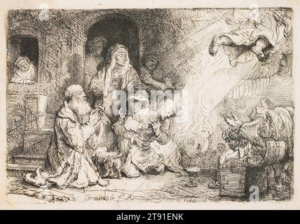 L'Ange partant de la famille de Tobias, 1641, Rembrandt Harmensz. Van Rijn, néerlandais, 1606–1669, 4 1/16 x 6 1/16 po. (10,3 x 15,4 cm) (assiette), gravure avec des touches de pointe sèche, pays-Bas, 17e siècle, avec Tobias en sécurité à la maison, la dette récupérée, et la vue de Tobit restaurée, la mission de Raphaël est terminée. Il révèle enfin son identité alors qu'il part dans une vague librement esquissée de nuages et de draperies. Doué de perception spirituelle, seul Tobit – et sa femme, Anna – sont témoins de son départ, qui étonne tellement Anna qu’elle laisse tomber sa canne. Dans la Bible, juste père et fils sont présents Banque D'Images