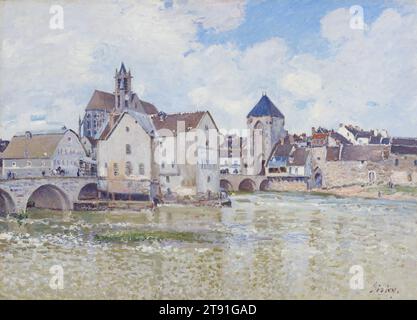 Le Pont de Moret, 1888, Alfred Sisley, Français, 1839 - 1899, 25 1/2 x 36 3/16 po (64,77 x 91,92 cm) (vue)35 1/2 x 46 1/4 po (90,17 x 117,48 cm) (cadre extérieur), huile sur toile, France, 19e siècle, peinte un peu plus d'une décennie avant la mort de Sisley en 1899, le Pont de Moret est l'une de ses compositions les plus magistrales de la petite cité médiévale à l'orée de la forêt de Fontainebleau où il vécut la dernière partie de sa vie. Il ressent une profonde affinité à la fois avec la ville et la campagne tranquille environnante le long des rives de la rivière Loing, qui lui fournit la plupart des sujets Banque D'Images