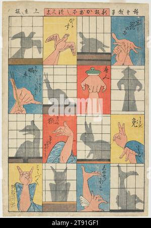 Eight Shadow Figures, c. 1842, Utagawa Hiroshige ; Éditeur : Jōshūya Jūzō / Jūbei, Japonais, 1797 - 1858, 13 5/16 x 9 1/4 po. (33,8 x 23,5 cm) (image), estampe sur bois (nishiki-e) ; encre et couleur sur papier, Japon, 19e siècle, les trois estampes de la série New Edition of Shadow Making de Hiroshige ont probablement été considérées comme omocha-e (photos de jouets) destinées aux enfants. Créer des ombres par des gestes de la main était un passe-temps commun pour les enfants, et de telles images les auraient aidés à construire leur répertoire. Les huit motifs présentés ici (dans le sens des aiguilles d'une montre en partant du haut à droite) sont une tortue sur un rocher, un homme Banque D'Images