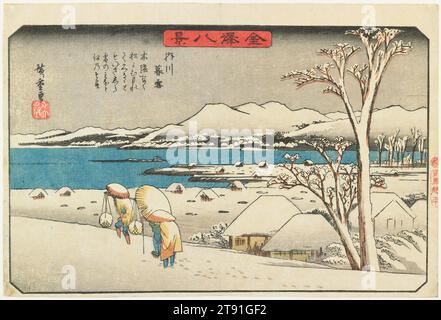 Neige crépusculaire à Uchikawa, c. 1835-1839, Utagawa Hiroshige ; Éditeur : Koshimuraya Heisuke, Japonais, 1797 - 1858, 8 3/4 × 13 7/8 po (22,3 × 35,2 cm) (image, horizontal ōban), estampe sur bois (nishiki-e) ; encre et couleur sur papier, Japon, 19e siècle, les huit vues de Kanazawa ont été désignées par le moine chinois Tøkø Shin'estu (1639-95), qui a visité le Japon à la fin du XVIIe siècle. Kanazawa est une ville balnéaire près de la ville moderne de Yokohama. Ainsi, cette série présente huit paysages côtiers différents près de Kanazawa. Pour le thème de la « neige du soir », Hiroshige a photographié le hameau voisin Banque D'Images