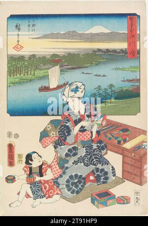 Kawasaki, 1854, 7e mois, Utagawa Kunisada ; artiste : Utagawa Hiroshige; Editeur : Maruya Kyūshirō ; Carver : Yokogawa Takejirō, Japanese, 1797 - 1858, 14 1/2 × 10 1/8 in. (36,8 × 25,7 cm) (image, vertical ōban), estampe sur bois (nishiki-e) ; encre et couleur sur papier, Japon, 19e siècle Banque D'Images