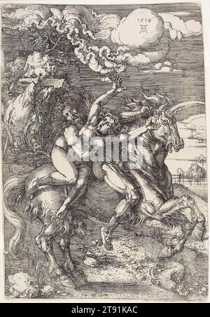 Enlèvement sur une licorne, 1516, Albrecht Dürer, allemand, 1471-1528, 12 1/8 x 8 1/4 po (30,8 x 20,96 cm) (planche), gravure, Allemagne, 16e siècle, Albrecht Dürer a peut-être apporté une tournure à l'histoire de l'enlèvement de Proserpina. Habituellement Pluton (le ravisseur) est montré à pied ou conduisant un char. Mais ici, il monte une licorne. Et cette licorne – ni un ronflement, ni un pichet de feu, ni un symbole de pureté – semble être la version cheval d'un pervers lamentable. L’expression détachée de Pluton crée une humeur étrange, et quant à la femme, elle est remarquablement mal formée Banque D'Images