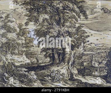 Paysage avec des arbres et un couple de Berger, c. 1597-1600, Hendrick Goltzius, néerlandais, 1558-1617, 4 7/16 x 5 3/4 po (11,27 x 14,61 cm) (image)4 9/16 x 5 7/8 pouces (11,59 x 14,92 cm) (feuille), Chiaroscuro gravure sur bois, pays-Bas, 16e-17e siècle Banque D'Images