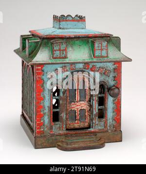 Home Bank (avec lucarnes) 'Mechanical Bank, c. 1872, Doras A. Stiles ; Fabricant : J. & E. Stevens Company, Cromwell, Connecticut, 1843–1950s, américain, 5 1/4 x 4 3/8 x 4 7/8 po (13,34 x 11,11 x 12,38 cm) (approximatif), fonte, pigment, 19e siècle Banque D'Images