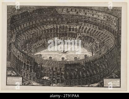 Vue de l'amphithéâtre Flavien, appelé le Colisée, 1776, Giovanni Battista Piranesi, italien (Rome), italien, 1720–1778, 19 3/8 x 27 5/8 po (49,21 x 70,17 cm) (plaque) 21 3/8 x 30 3/8 po (54,29 x 77,15 cm) (feuille), gravure et gravure, Italie, 18e siècle, combats de gladiateurs, chasses aux animaux sauvages, exécutions – toutes sortes de spectacles ont eu lieu à l’intérieur du Colisée, qui pouvait accueillir jusqu’à 80 000 personnes. Il était même rempli d'eau pour tenir des batailles navales simulées. Après le déclin de Rome, le Colisée a été considéré comme une source prête de matériaux de construction, et les gens ont pillé sa grande façade et son intérieur Banque D'Images