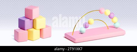 Jouets pour enfants à des fins éducatives et de formation. Ensemble d'illustration vectorielle de dessin animé rendu en 3D de jeux d'apprentissage pour enfants dans des couleurs pastel - blocs cubes et perles. Puzzles en bois ou en plastique pour bébés. Illustration de Vecteur