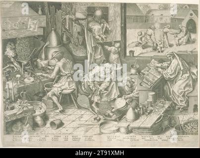 The Alchemist, c. 1558, Philips Galle ; artiste : d'après Pieter Brueghel l'ancien, Flamand, 1537 - 1612, 12 13/16 x 17 9/16 po. (32,54 x 44,61 cm) (image, rognée dans la plate-forme)13 5/16 x 17 3/4 po (33,81 x 45,09 cm) (feuille), gravure, pays-Bas, 16e siècle, il était typique dans les représentations d'alchimistes d'inclure un érudit assis à un lutrin. Dans cette gravure, Brueghel insère une figure sur le côté droit qui fait des gestes sur la scène devant lui et attire l'attention du spectateur sur le comportement insensé en son sein. L'alchimiste travaille dans son laboratoire de fortune Banque D'Images