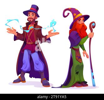 Sorcier mystique avec des pouvoirs de sorcellerie - ensemble de vecteur de bande dessinée de deux personnages magicien masculins. Vieil homme à la barbe rouge en longue robe avec chapeau violet et bâton, et Warlock avec lumière mystère dans les mains. Illustration de Vecteur