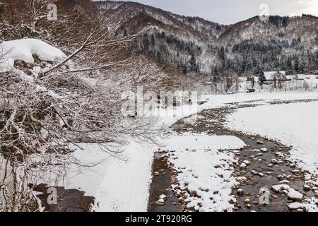 Les villages historiques de Shirakawa-gō, au Japon, classés au patrimoine mondial de l'UNESCO, avec de grandes maisons couvertes de toits de chaume à forte pente. Banque D'Images