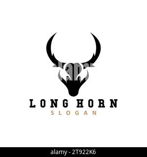 Logo long Horn, vecteur animal de bétail Bull, rétro design vintage, icône Silhouette, marque de modèle Illustration de Vecteur