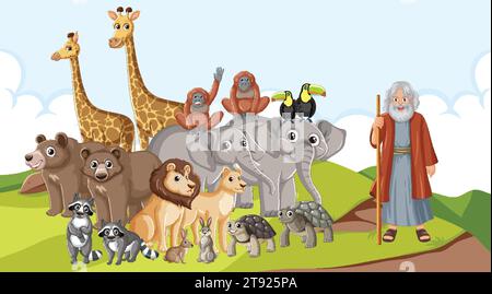 Illustration de Noé et d'animaux sauvages de l'histoire religieuse de la Bible Illustration de Vecteur