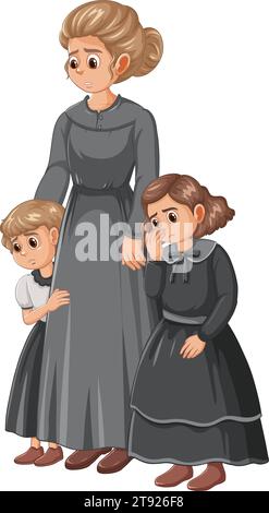 Une femme et ses filles, vêtues de vêtements de l'époque de la reconstruction, posent avec un personnage de dessin animé Marie Curie au visage triste Illustration de Vecteur