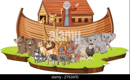 Groupe d'animaux sauvages et Noé de l'histoire de la Bible debout devant l'Arche de Noé Illustration de Vecteur