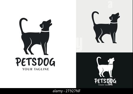 Silhouette de PET Dog jouant. Dessin d'illustration d'un chien avec une queue debout comme un signe de vouloir jouer fond noir et blanc Illustration de Vecteur