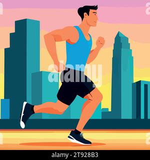 L'homme entre pour des courses sportives le matin en ville. Mode de vie actif en milieu urbain. Loisirs en plein air. Illustration vectorielle dans le style de bande dessinée Illustration de Vecteur