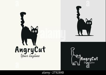 Scared Black Cat Silhouette Illustration Design avec vecteur de plumes de queue debout sur fond noir blanc Illustration de Vecteur