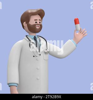 Illustration 3D du docteur masculin Iverson tient la pilule. Consultation pharmaceutique. Assistant hospitalier. Clip art de présentation médicale isolé sur le dos bleu Banque D'Images