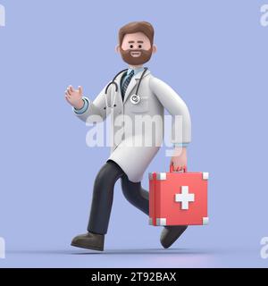 Illustration 3D de Male Doctor Iverson runs.Medical Presentation clip art isolé sur fond bleu. Banque D'Images