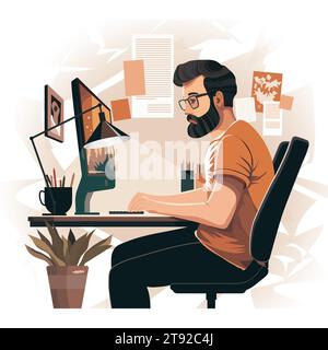 Travail à la maison concept style plat. Freelance man Illustration de Vecteur